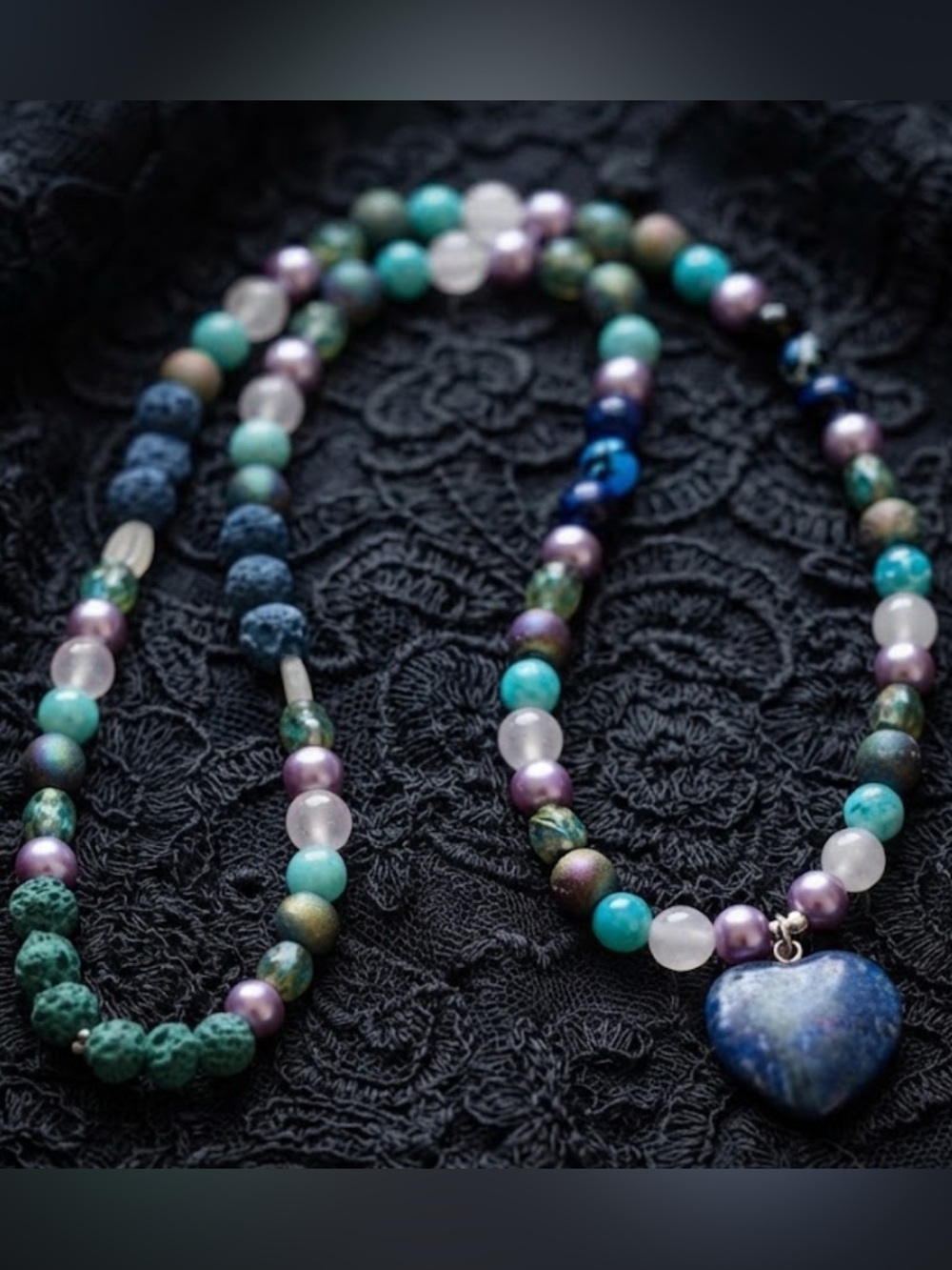Ocean Wanderer Necklace (Rainbow Hematite, Rose Quartz, Lapis Lazuli, Lava Rock)